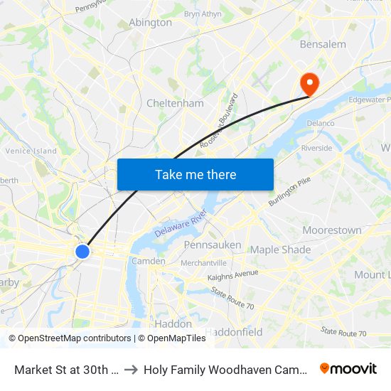 Market St at 30th St to Holy Family Woodhaven Campus map