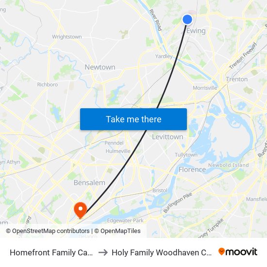 Homefront Family Campus to Holy Family Woodhaven Campus map
