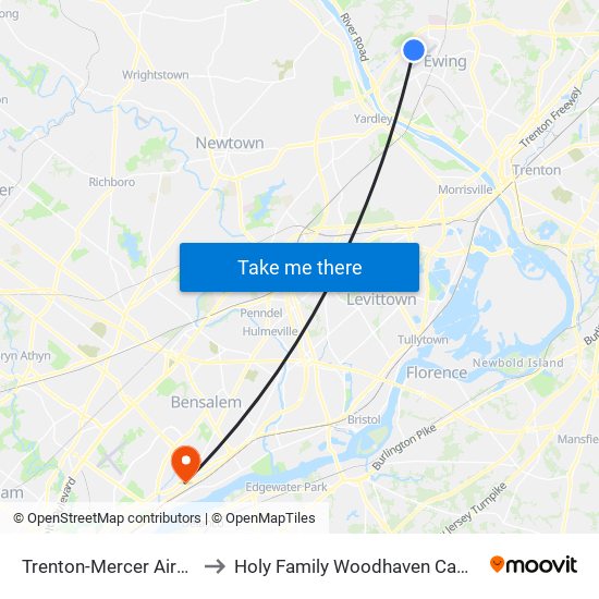 Trenton-Mercer Airport to Holy Family Woodhaven Campus map