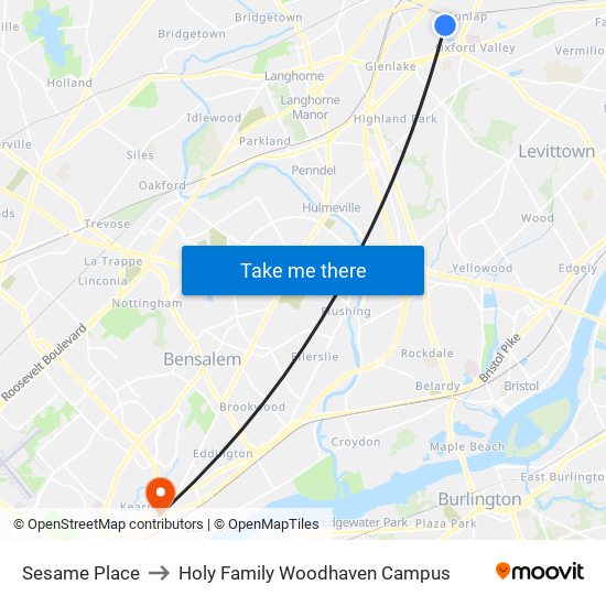 Sesame Place to Holy Family Woodhaven Campus map