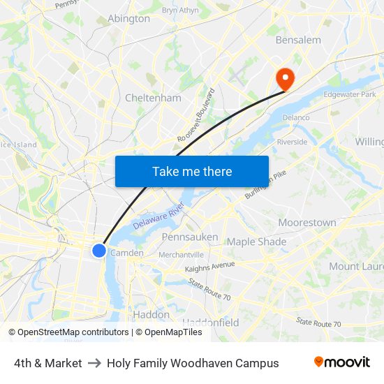 4th & Market to Holy Family Woodhaven Campus map