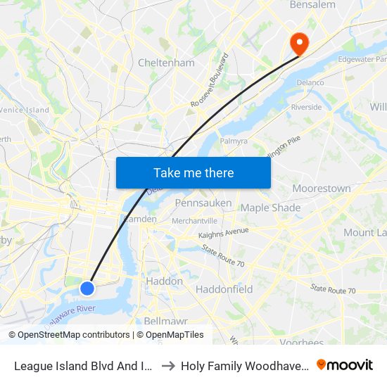 League Island Blvd And Intrepid Ave to Holy Family Woodhaven Campus map