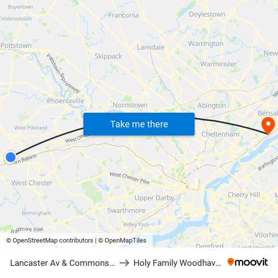 Lancaster Av & Commons at Oaklands to Holy Family Woodhaven Campus map