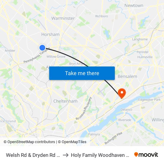 Welsh Rd & Dryden Rd - Mbns to Holy Family Woodhaven Campus map