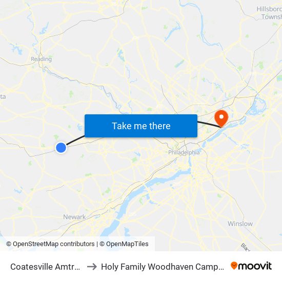 Coatesville Amtrak to Holy Family Woodhaven Campus map