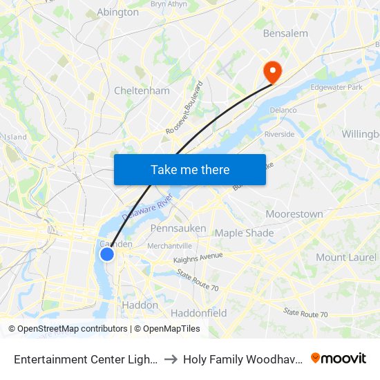 Entertainment Center Light Rail Station to Holy Family Woodhaven Campus map