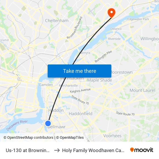 Us-130 at Browning Rd to Holy Family Woodhaven Campus map