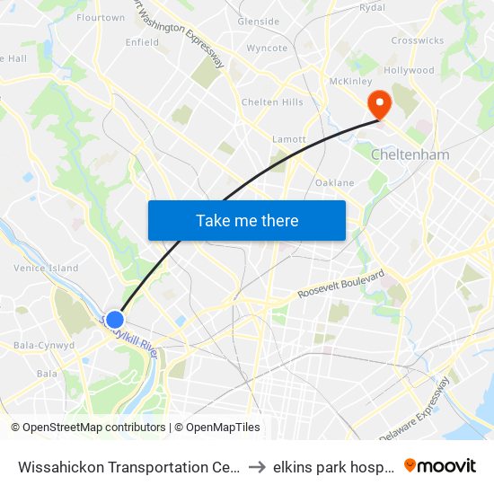 Wissahickon Transportation Center to elkins park hospital map