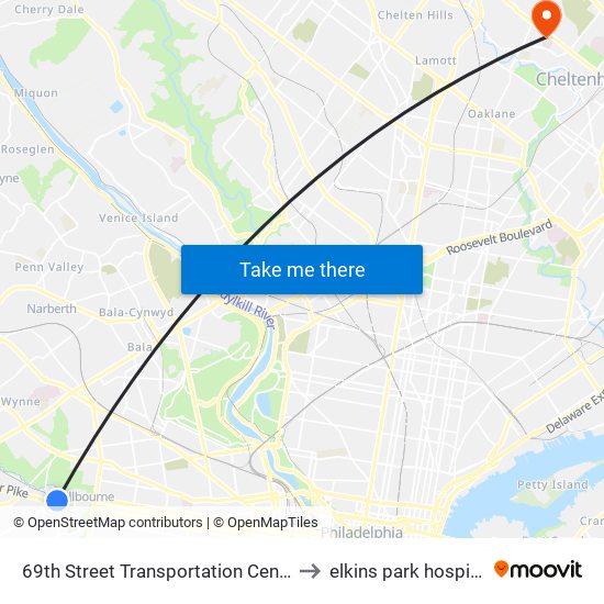 69th Street Transportation Center to elkins park hospital map