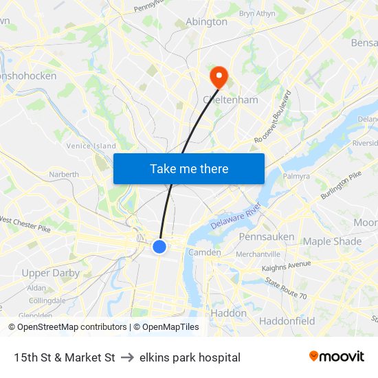15th St & Market St to elkins park hospital map