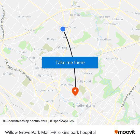 Willow Grove Park Mall to elkins park hospital map