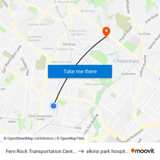 Fern Rock Transportation Center to elkins park hospital map