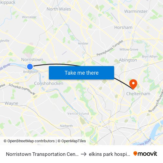 Norristown Transportation Center to elkins park hospital map