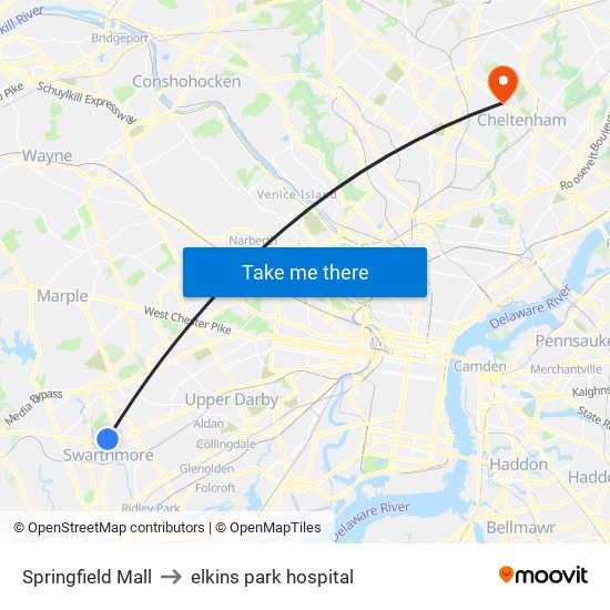 Springfield Mall to elkins park hospital map