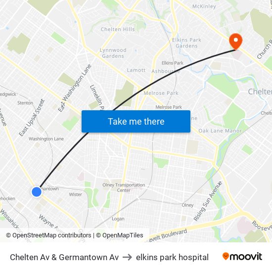 Chelten Av & Germantown Av to elkins park hospital map