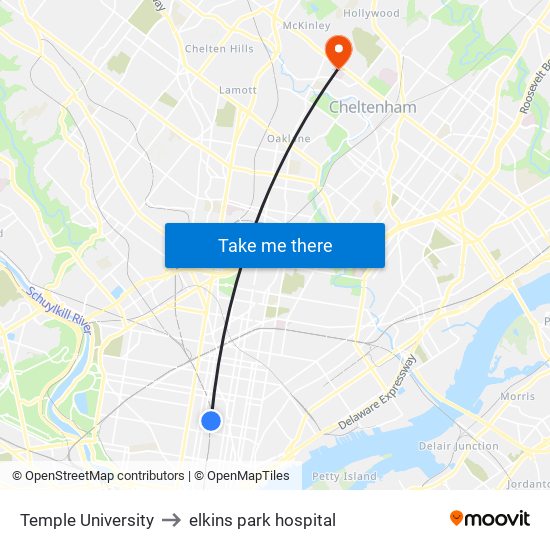 Temple University to elkins park hospital map