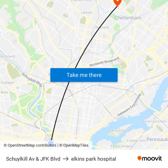 Schuylkill Av & JFK Blvd to elkins park hospital map