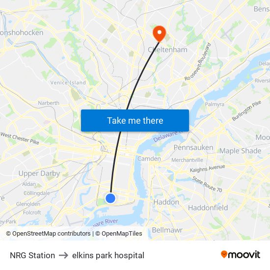 NRG Station to elkins park hospital map