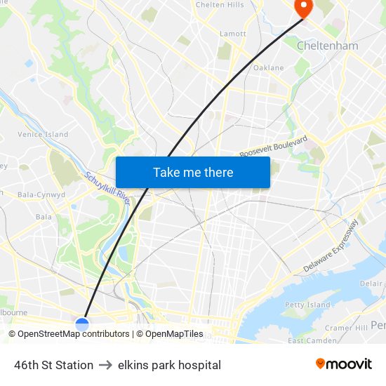 46th St Station to elkins park hospital map