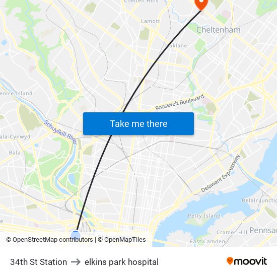 34th St Station to elkins park hospital map