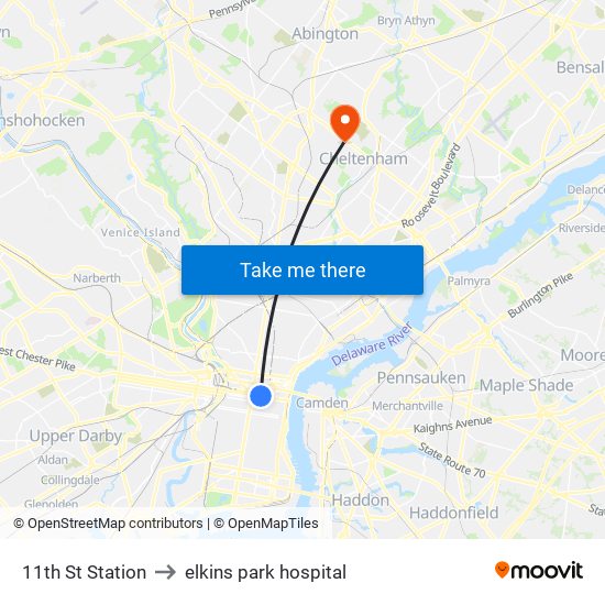11th St Station to elkins park hospital map