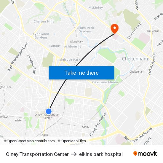 Olney Transportation Center to elkins park hospital map