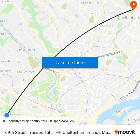 69th Street Transportation Center to Cheltenham Friends Meetinghouse map
