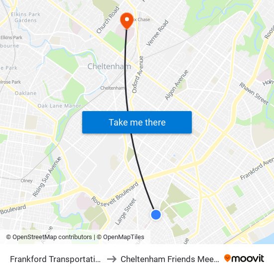Frankford Transportation Center to Cheltenham Friends Meetinghouse map