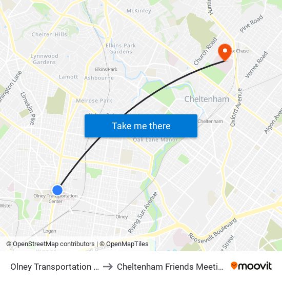 Olney Transportation Center to Cheltenham Friends Meetinghouse map