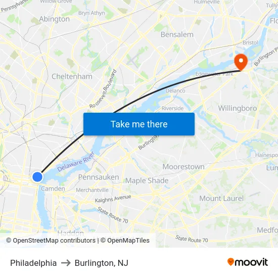 Philadelphia to Burlington, NJ map