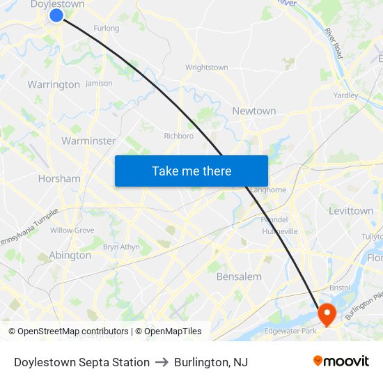 Doylestown Septa Station to Burlington, NJ map