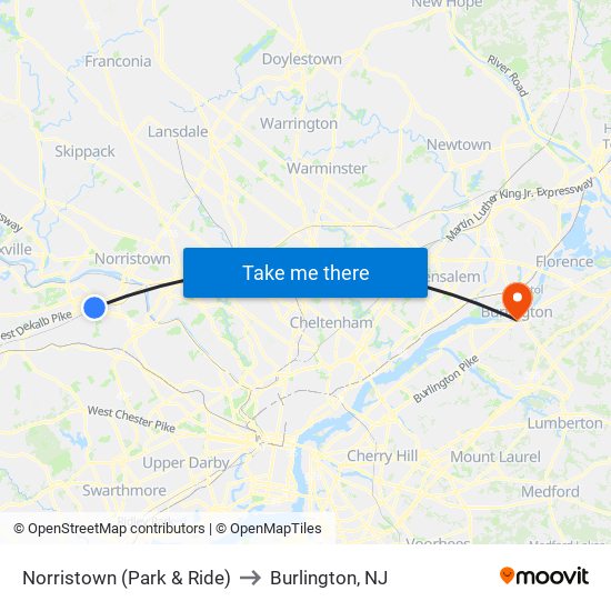 Norristown (Park & Ride) to Burlington, NJ map