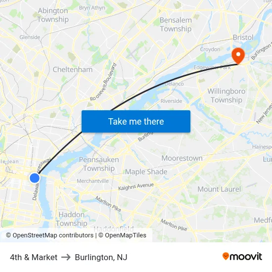 4th & Market to Burlington, NJ map