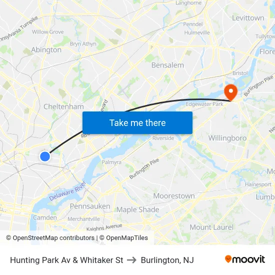 Hunting Park Av & Whitaker St to Burlington, NJ map