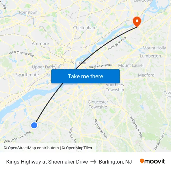 Kings Highway at Shoemaker Drive to Burlington, NJ map