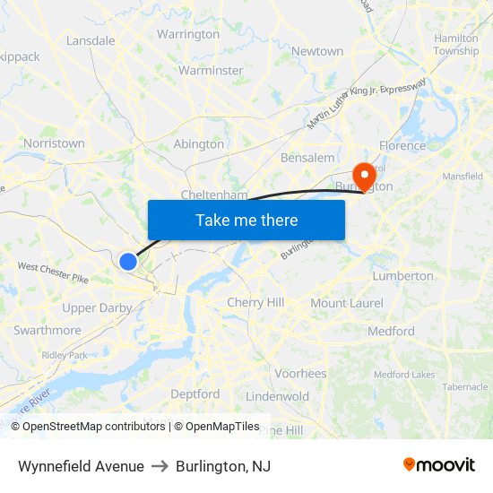 Wynnefield Avenue to Burlington, NJ map