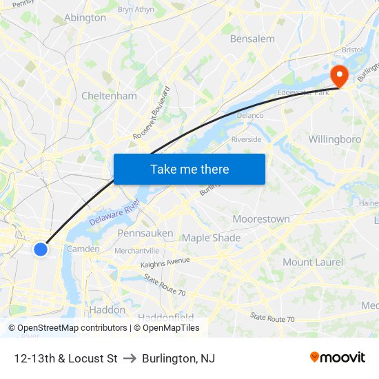 12-13th & Locust St to Burlington, NJ map