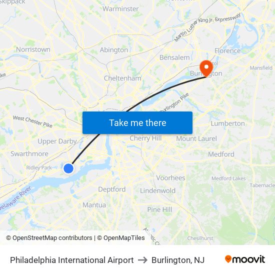 Philadelphia International Airport to Burlington, NJ map