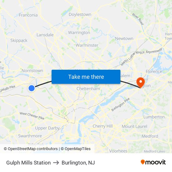Gulph Mills Station to Burlington, NJ map
