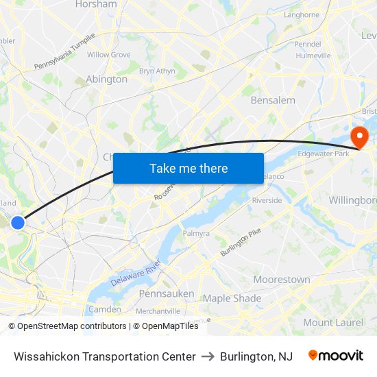Wissahickon Transportation Center to Burlington, NJ map