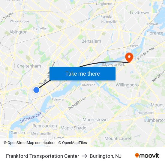Frankford Transportation Center to Burlington, NJ map