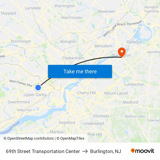 69th Street Transportation Center to Burlington, NJ map