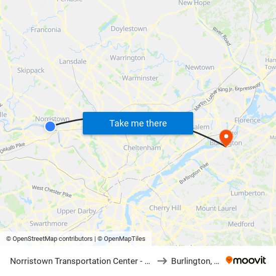 Norristown Transportation Center - Nhsl to Burlington, NJ map