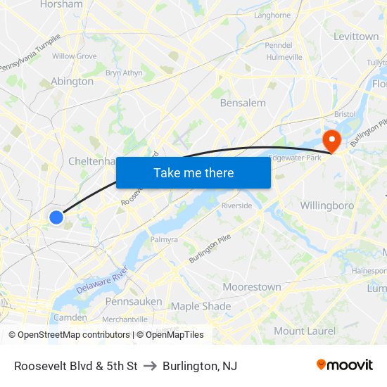 Roosevelt Blvd & 5th St to Burlington, NJ map