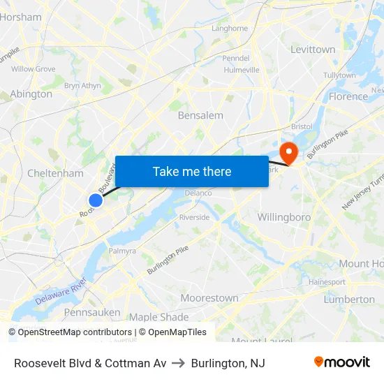 Roosevelt Blvd & Cottman Av to Burlington, NJ map