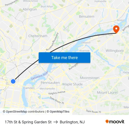 17th St & Spring Garden St to Burlington, NJ map