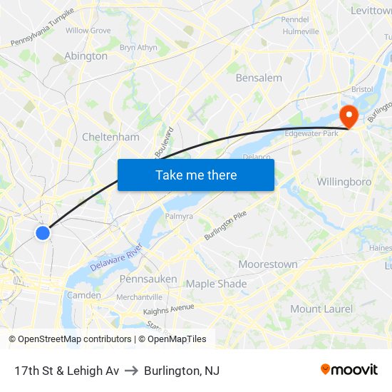 17th St & Lehigh Av to Burlington, NJ map