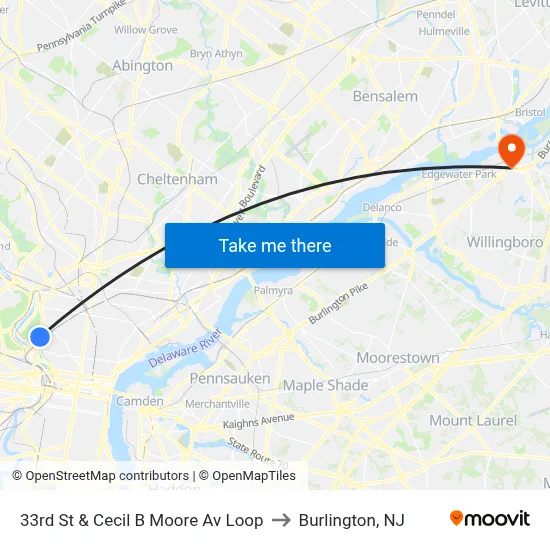 33rd St & Cecil B Moore Av Loop to Burlington, NJ map