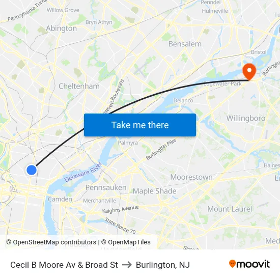 Cecil B Moore Av & Broad St to Burlington, NJ map