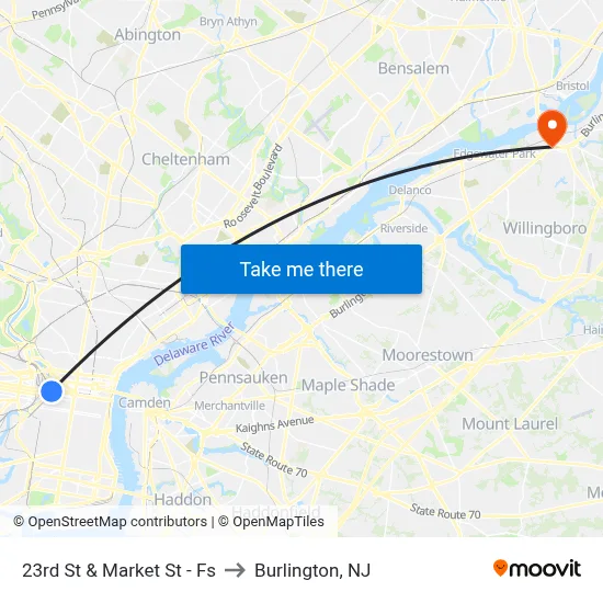 23rd St & Market St - Fs to Burlington, NJ map